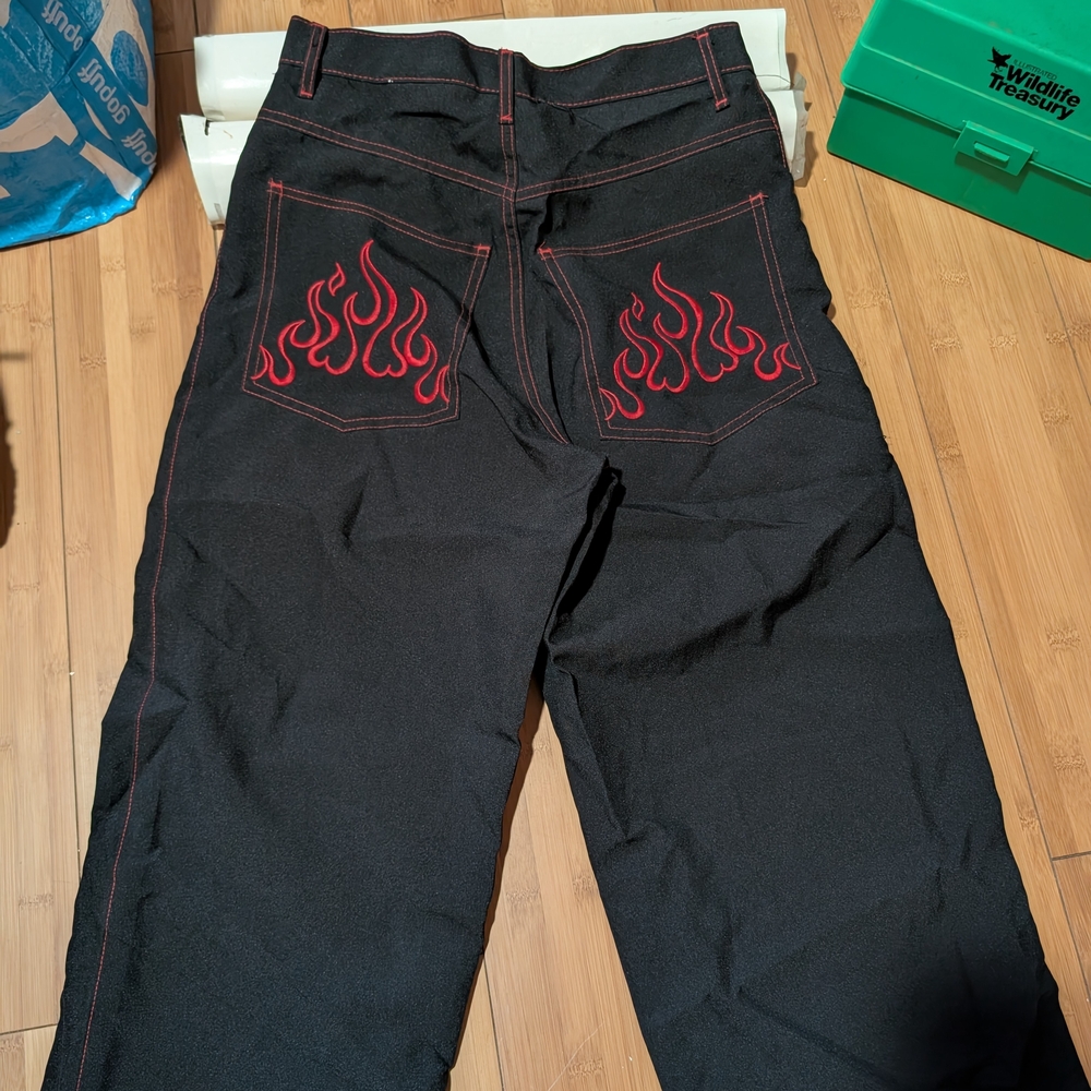 Black Pants with Red Flame Embroidery